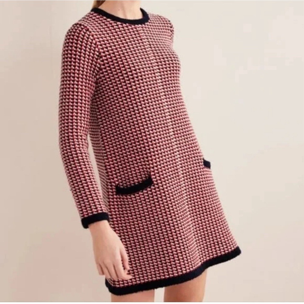 BODEN Jacquard Knitted Wool Blend Mini Dress Long Sleeve Red Blue Size 6R NEW